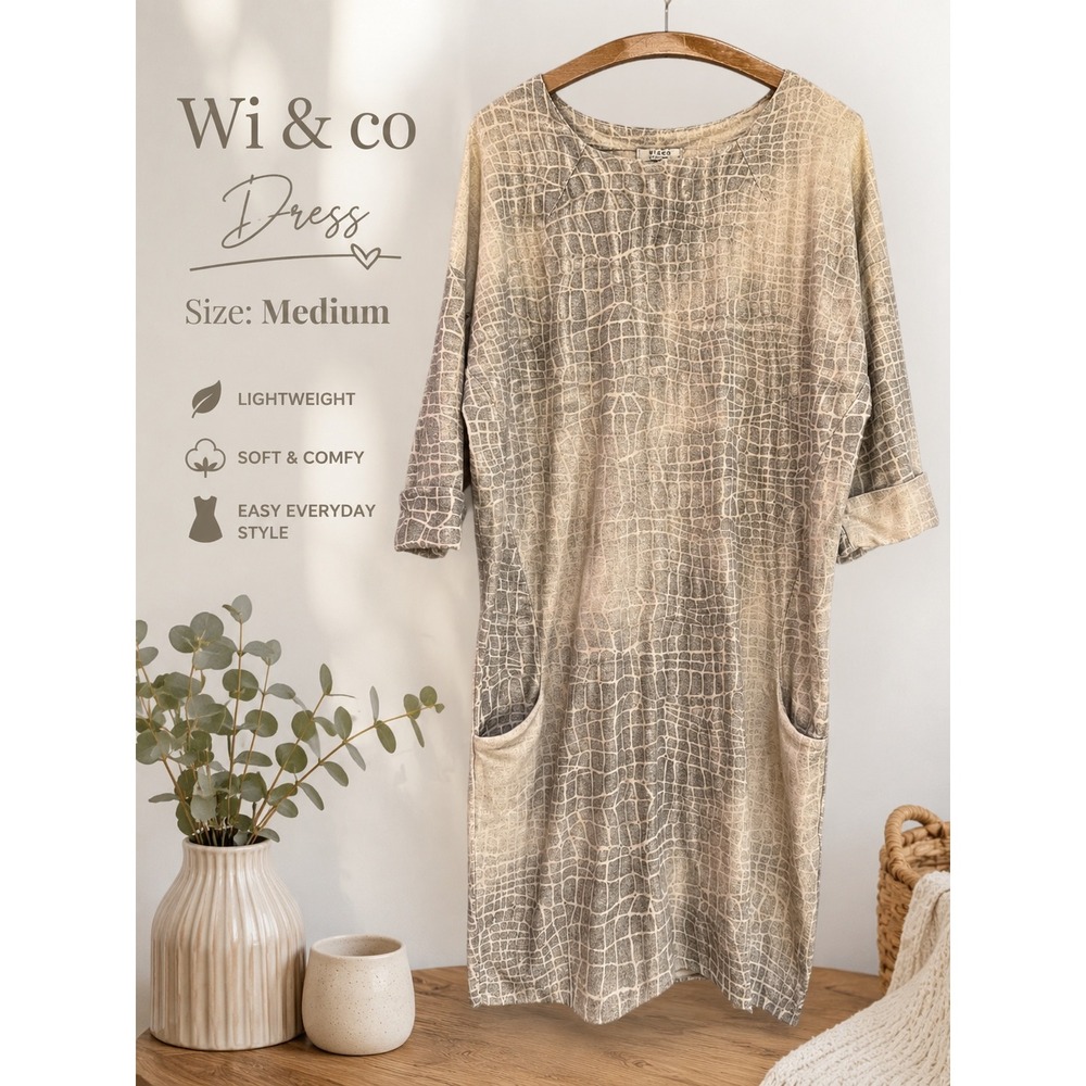 Wi & co Made in Italy‎ Grey Beige Crocodile Print Shift Dress Medium Pockets
